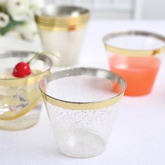 25 CLEAR 9 oz Glittered PLASTIC CUPS Gold Rim Party Events Decorations Supples