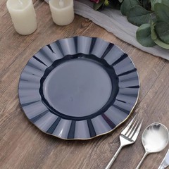 10 NAVY BLUE 9″ Round PLASTIC Salad Dinner PLATES Gold Wavy Rim Wedding Party