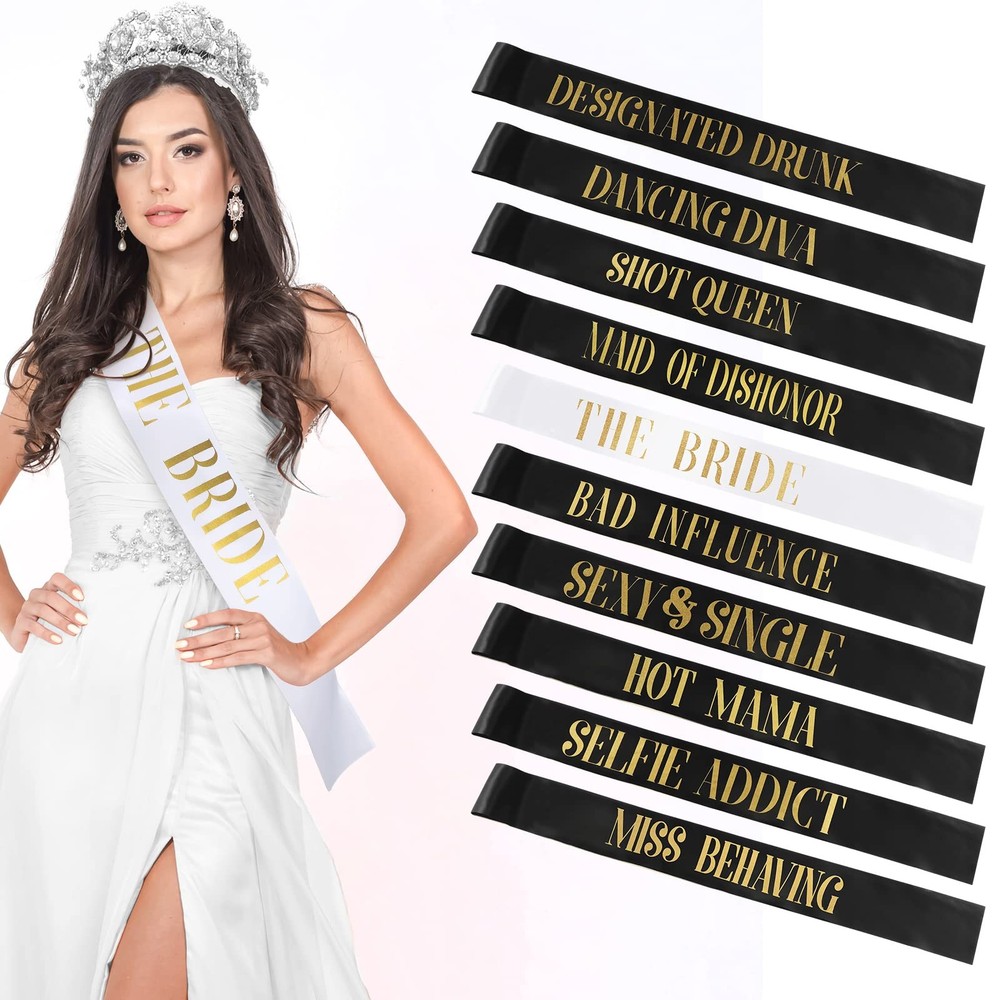 LEIFIDE 10 Pack Bride and Bridesmaid Sash Set Wedding Black, White