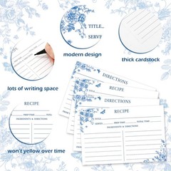 JarThenaAMCS 50Pcs Blue Floral Recipe Cards Chinoiserie 4 x 6 inch,