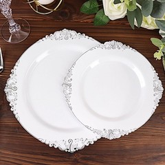 10 WHITE SILVER 8″ Round Plastic Salad Dinner PLATES Embossed Baroque Rim Party