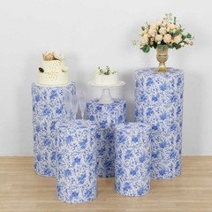 5 WHITE BLUE Fitted Spandex Cylinder Display Stand Covers with Floral Print