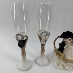 Western Bride Groom Champagne Flutes Set Cowboy Hat Rustic Wedding Toast