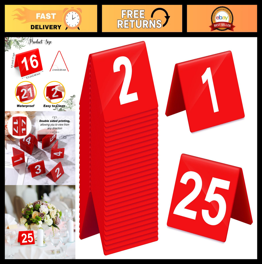 Acrylic Table Numbers 1-25 Double-Sided Tents for Weddings & Events – Red/White