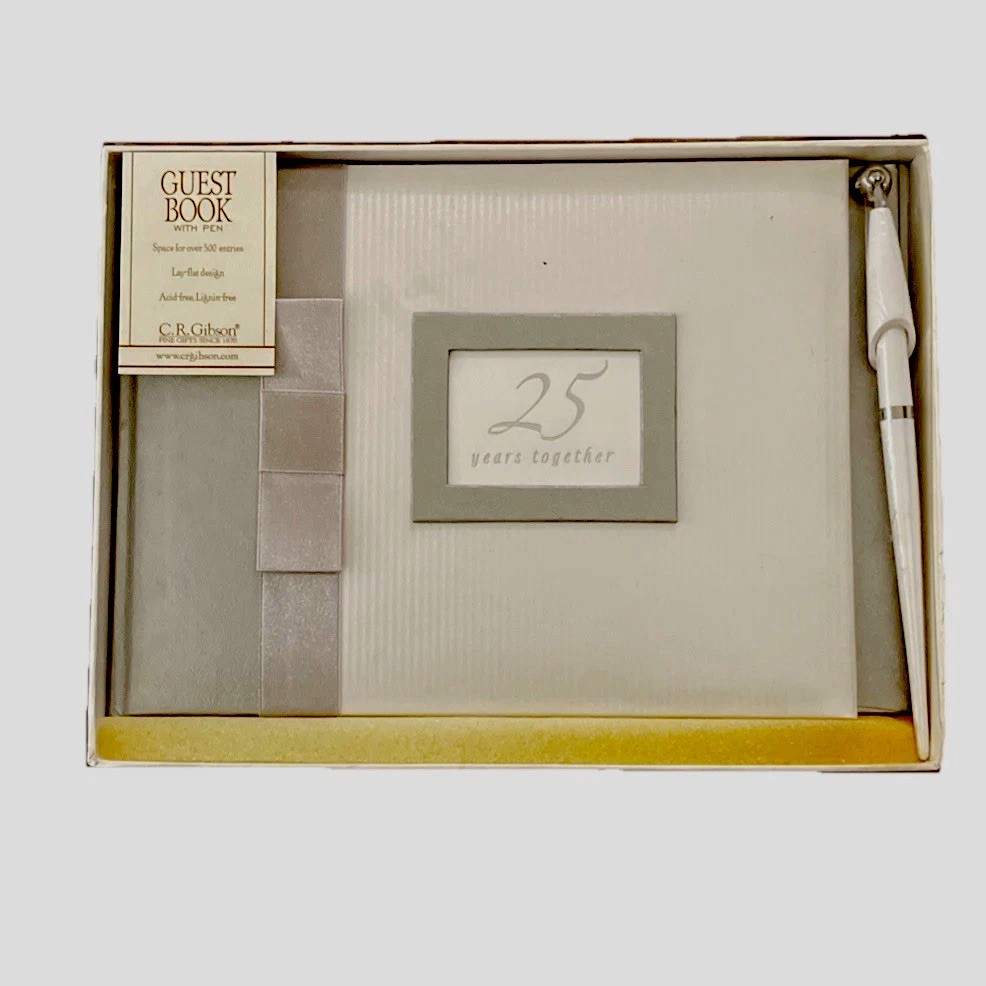 C.R. Gibson Guest Book w/Pen, 25 Years Together Lay Flat 500 Names, 9 3/4″ x 7″