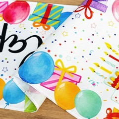 White Happy Birthday Table Runner, 48×13 Inch | Balloon & Gift Design, Party …
