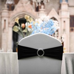 10 Black Spandex CHAIR SASHES with Silver Round Buckles Wedding Decorations SALE