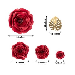 9 RED 3D Rose Paper Flowers with Gold Monstera Leaves Wedding Decorations