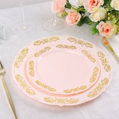 8″ Blush Round Salad Plates Gold Trim Party Wedding Disposable Tableware
