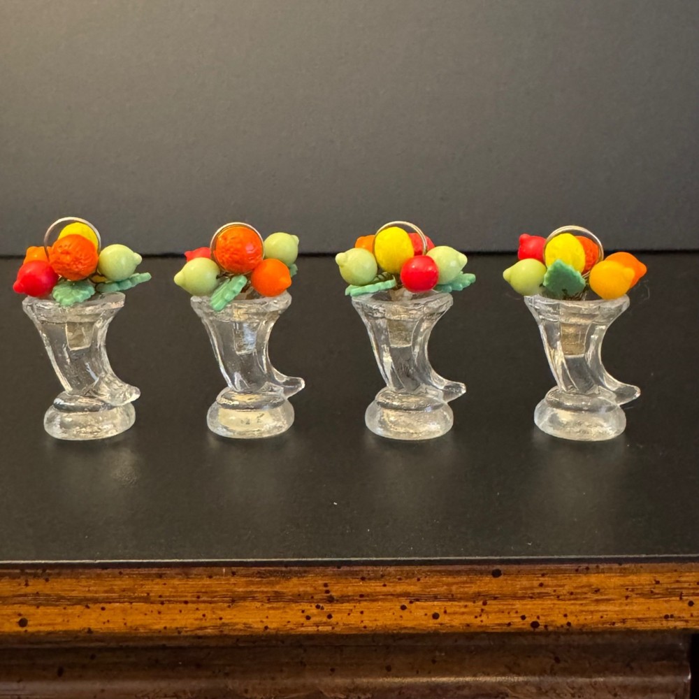 Set Of 4 Vintage Czech Glass Place Card Holder With Fruit Design Topper