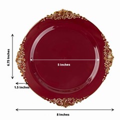 10 BURGUNDY GOLD 8″ Round Plastic Salad Dinner PLATES Embossed Baroque Rim Party