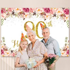 5x3Ft Happy 90th Birthday Backdrop for Women Floral Rose Happy Birthday Banne…