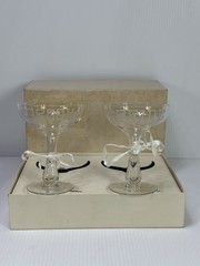 VTG MCM Engraved BRIDE GROOM Glasses Hollow Stem Champagne Coupes 1967 In Box