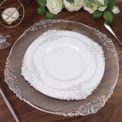 10 WHITE SILVER 8″ Round Plastic Salad Dinner PLATES Embossed Baroque Rim Party