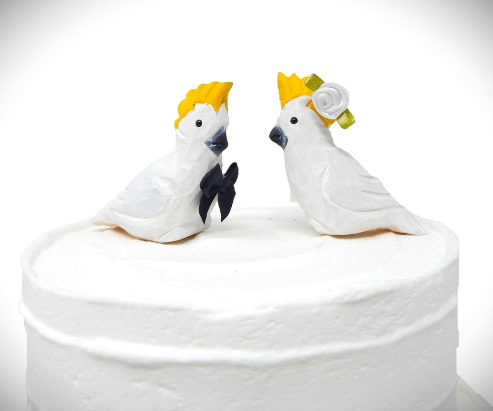 Cockatoo Bird Cake Topper Bride Groom Love Wedding Engagement Carved Wood Statue