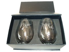 NEW, SWEETZER & ORANGE MR & MRS BRIDE AND GROOM STEMLESS SET OF 2 WINE GLASSES