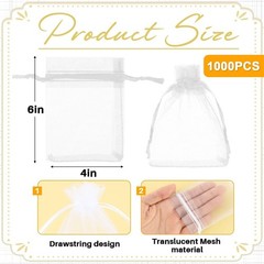 1000 White Organza Gift Bags 4×6 Inches – Drawstring Pouches
