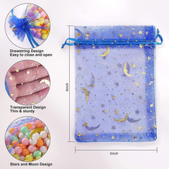 100 Pieces Moon Star Organza Jewelry Candy Bags, 3X4Inch Random Colors Mesh Bags