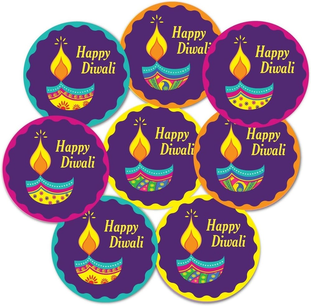 Happy Diwali Party Stickers, 40 Count, 2 Inches, Round, 4 Unique Designs