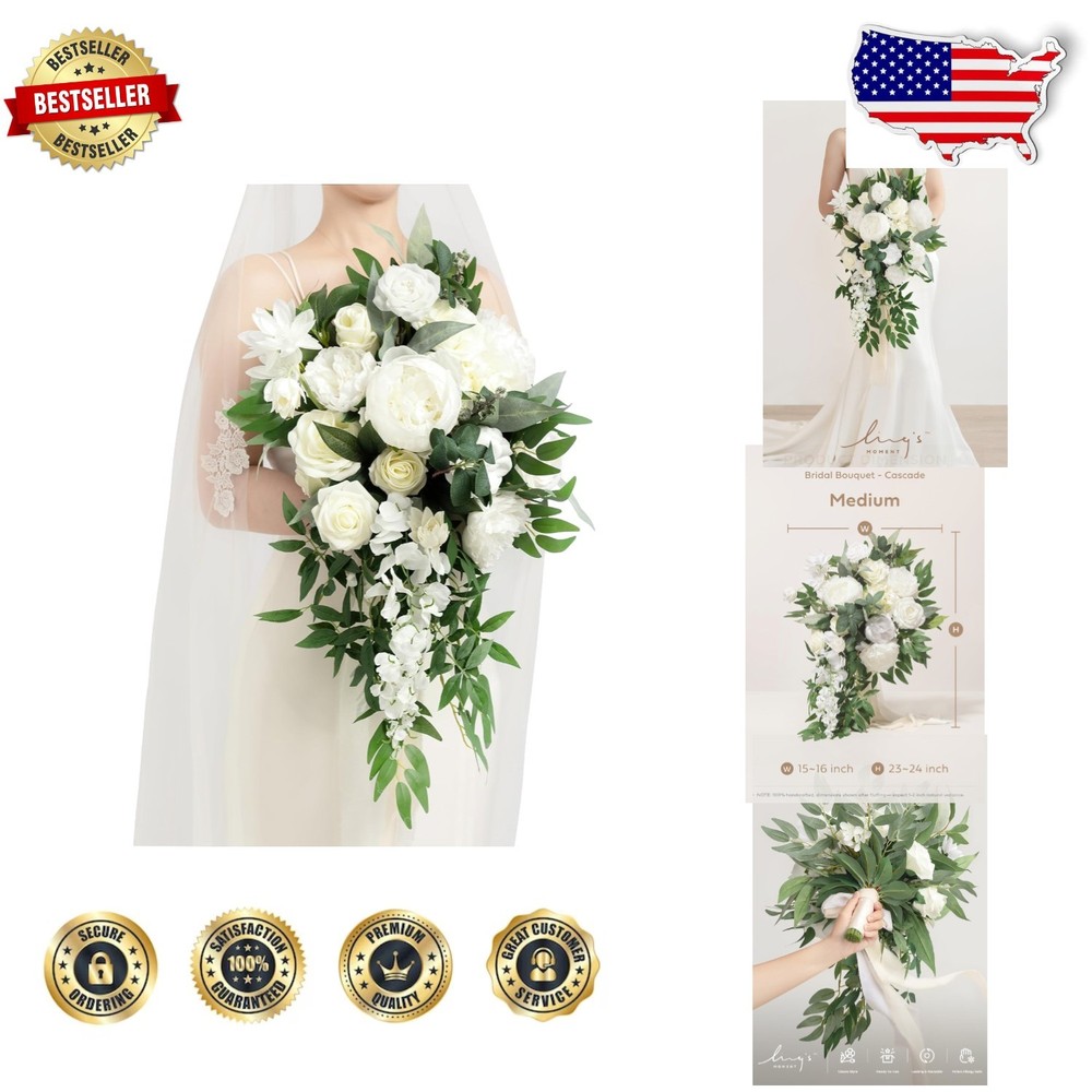Elegant Ivory White Silk Bridal Bouquet 15″ Cascading Roses Hydrangeas Keepsake
