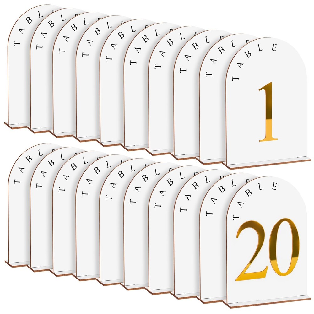 20 PCS Wooden Wedding Table Numbers 1-20 Stand 5×7 Inch Arch Gold Acrylic
