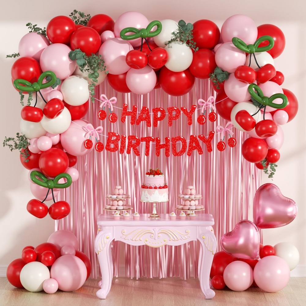 Cherry Birthday Party Decorations with Red Light Pink Sand White Balloons Gre…