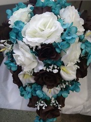 SILK WEDDING IVORY CHOCOLATE & TEAL BOUQUETS BOUTS & BRIDAL CASCADE