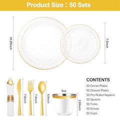 Gold 50-Piece Clear Plastic Plates with Trim for 50 Guests
