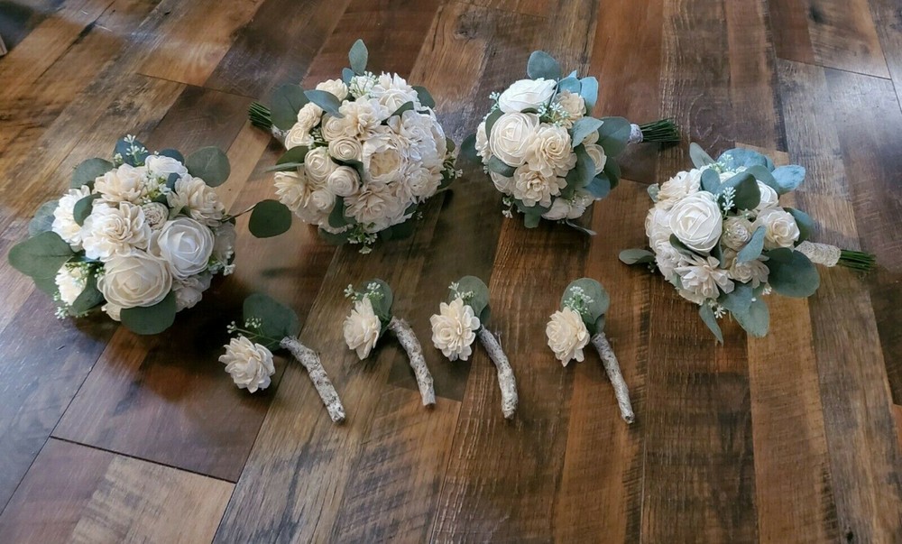 17PC Off White Sola Wood Bridal Bouquet & Artificial Eucalyptus Wedding Flowers