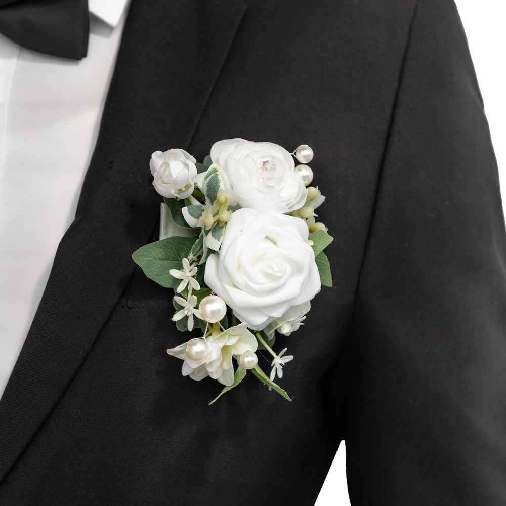 Lings Moments Pocket Boutonniere for Groom Groomsmen, Prom Homecoming White