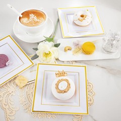 25 pcs Plastic WHITE with Gold Rim 6″ PLATES Disposable Party Wedding SQUARE