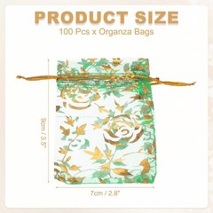 Organza Bags, 100 Pcs 2.8 x 3.5 Inch Gold Rose Mesh Candy Pouch, Green Flower