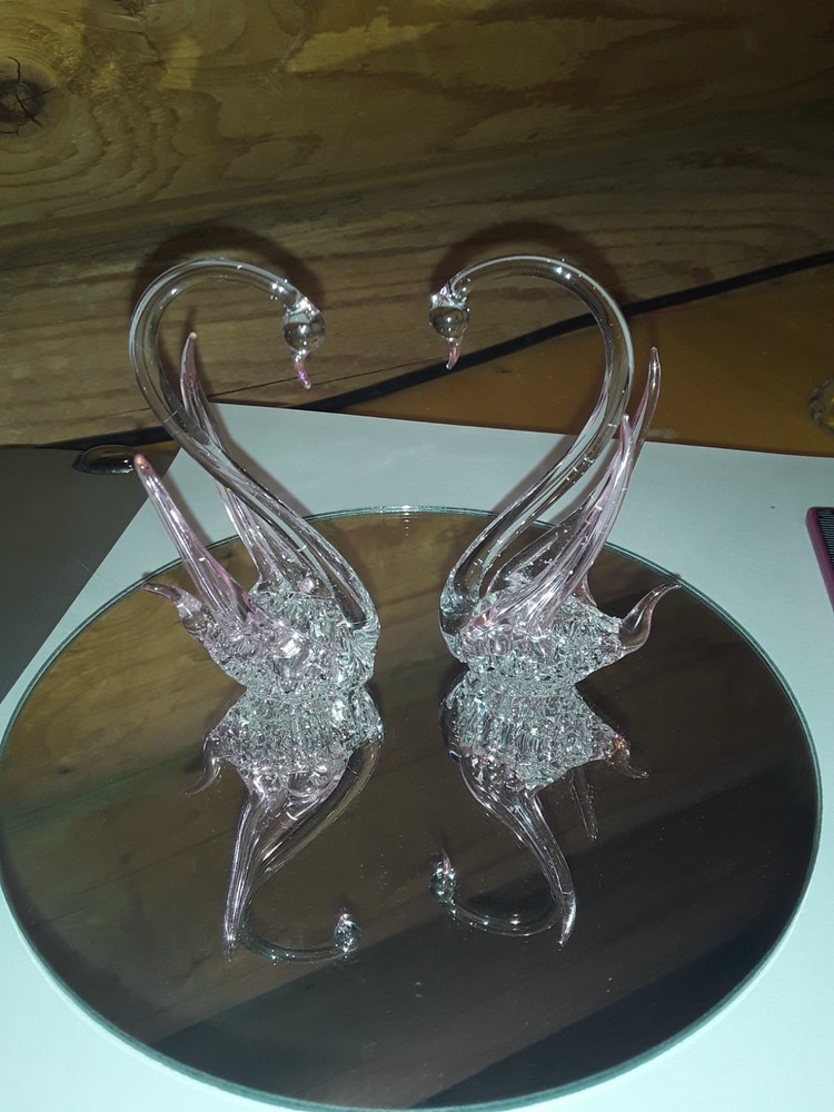 Vintage Hand Blown Glass Swans Birds Wedding Cake Topper on Mirror EUC