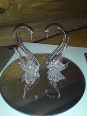Vintage Hand Blown Glass Swans Birds Wedding Cake Topper on Mirror EUC