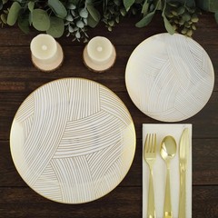 10 White 7″ Round Plastic Salad and Dinner Plates Gold Strokes Party Decorations