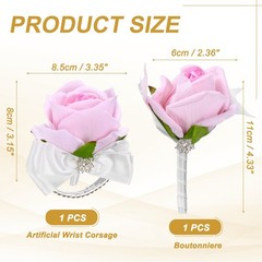 2Pcs Wrist Corsage Boutonnieres Set with White Ribbon, Light Pink