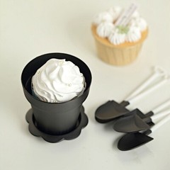 12 BLACK Mini Flower Pot DESSERT CUPS Lid Shovel Spoon Party Events Decorations