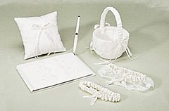 VICTORIA LYNN WHITE LACE 5 pc BRIDAL SET – GUEST BOOK, BASKET, PILLOW, 2 GARTERS