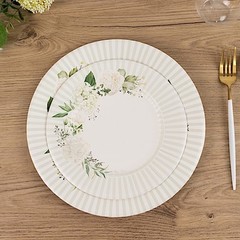 25 WHITE SAGE GREEN 8″ Dessert Paper Plates with Floral Lined Rim Party Supplies