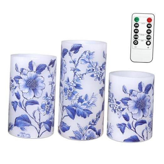Flameless Candles Blue and White Porcelain Floral Chinoiserie Decor Battery