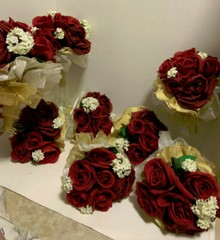 LOT OF 8 SILK Red Rose Wedding Bouquets with Gold Wired Ribbon & Gold & Shiny