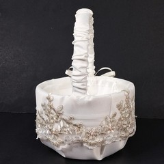 Flower Girl White Small Basket Pearls and Rhinestones Wedding Embellished UNIQUE