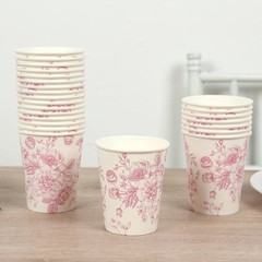 24 WHITE PINK 9 oz Disposable PAPER CUPS French Toile Pattern Party Supplies
