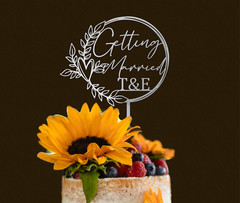 Minimalist Chic Script Wedding Cake Topper, Acrylic Cake Topper w/ Rustic Wreath