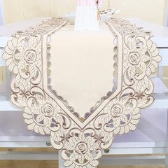 Table Runner Mat Tablecloth Tassel Flower Embroidery Beige Rose 40x150cm