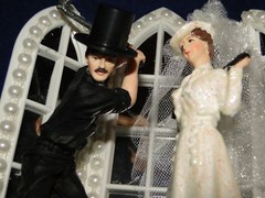 New Vintage Bridal Couple Golfers with Chapel Church Mirror Windows Caketopper