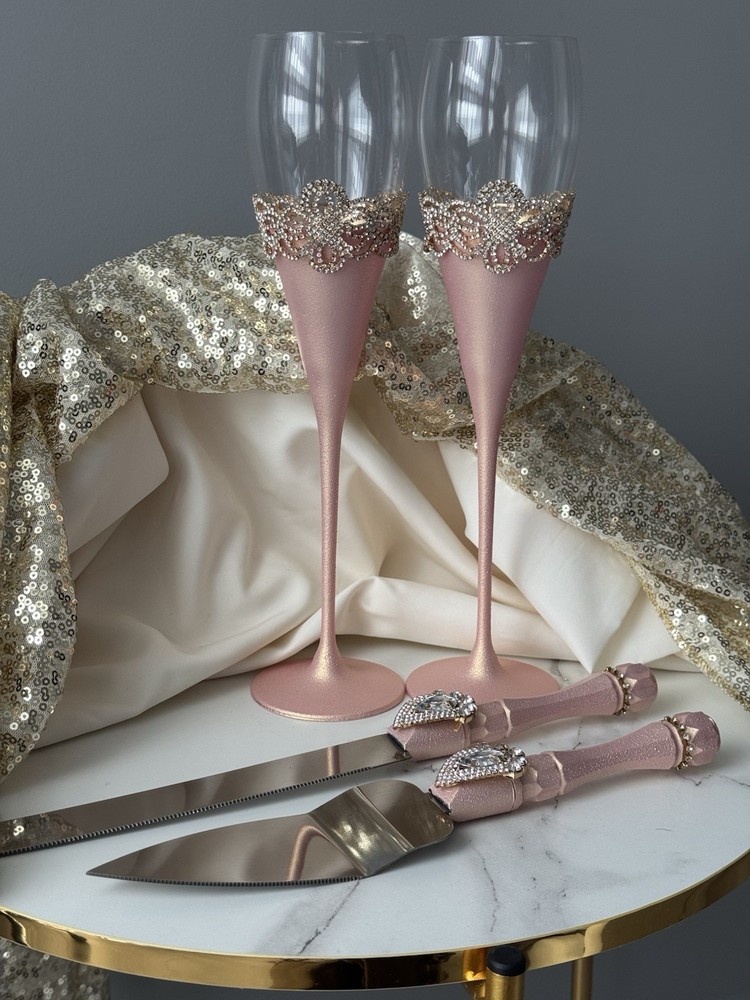 Rose Gold Wedding Champagne Toasting Flutes Cake Cutting Set Cake Knife Server