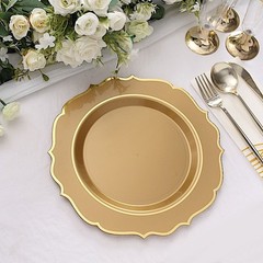 20 GOLD 10.5″ Round Plastic Dinner Plates GOLD Scalloped Rim Events