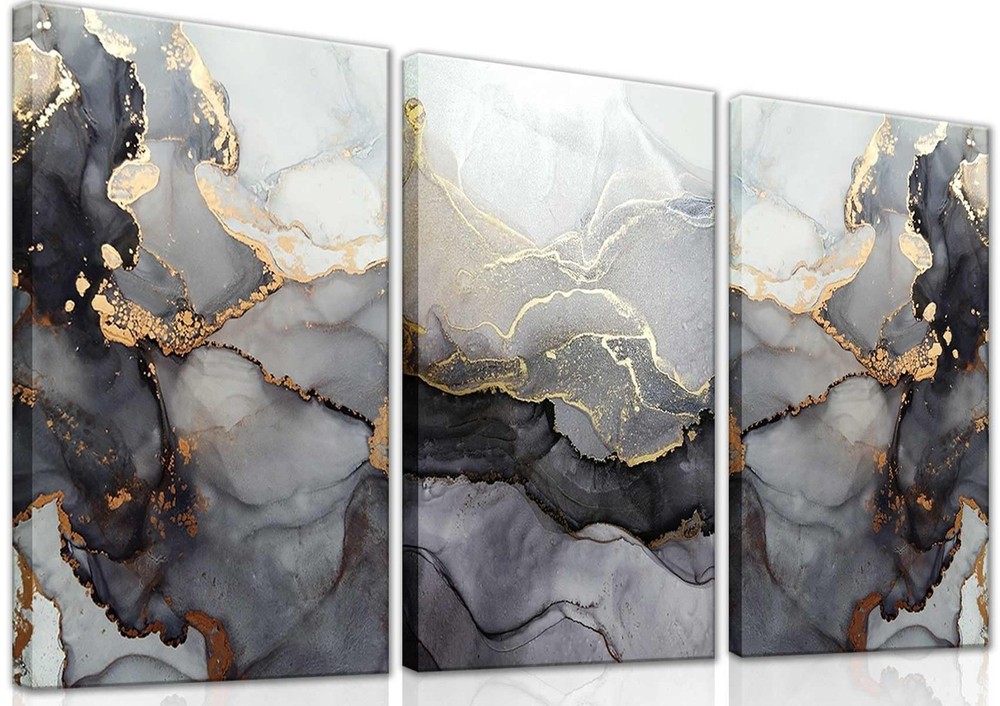 3Pcs Framed Modern Abstract Black and Gold Canvas Wall Art Fluid Lines Marble…
