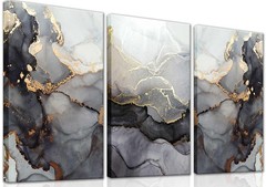 3Pcs Framed Modern Abstract Black and Gold Canvas Wall Art Fluid Lines Marble…